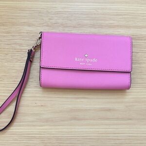 kate spade bright pink leather wristlet wallet with gold logo